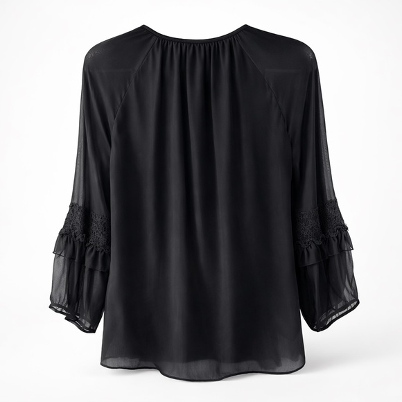 Diane Von Furstenberg Silk Blouse Lace Trim Sheer Sleeve Black Size 10 - Picture 3 of 11